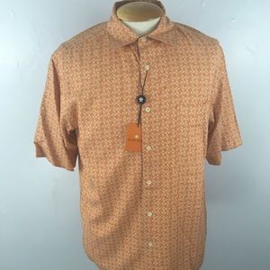 Toscano 100% silk short sleeves sport shirt orange cream button down all silk